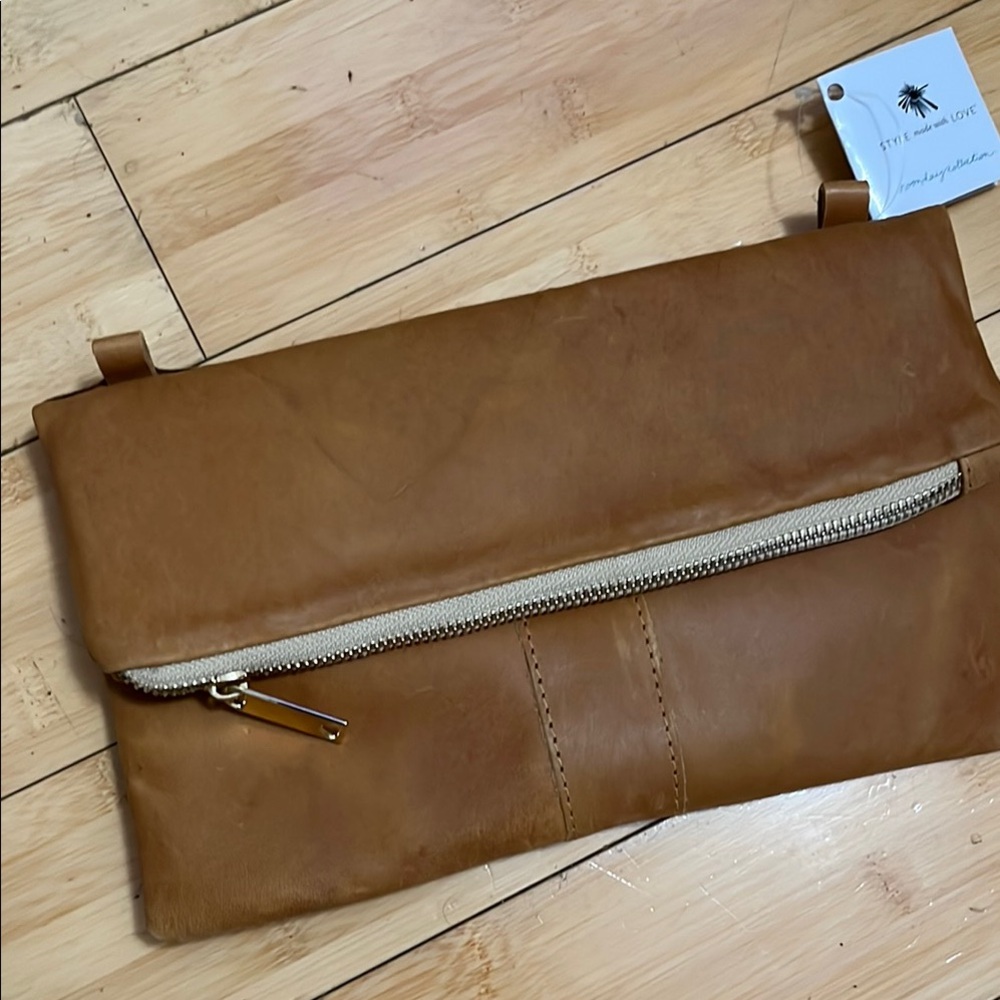 Noonday Collection 100% Tan Leather Fold Crossbody Bag  w/ Adjustable Strap NWT